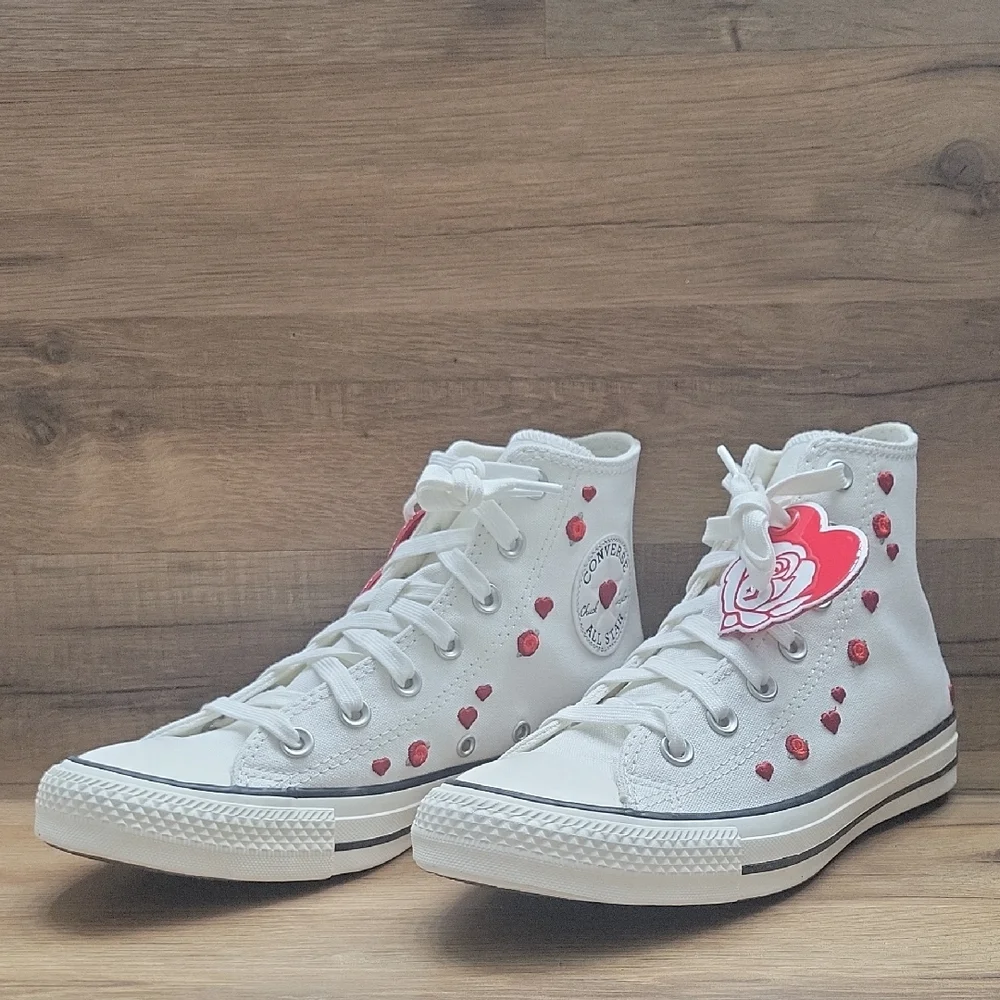 Converse White High-Tops with Red Heart Details